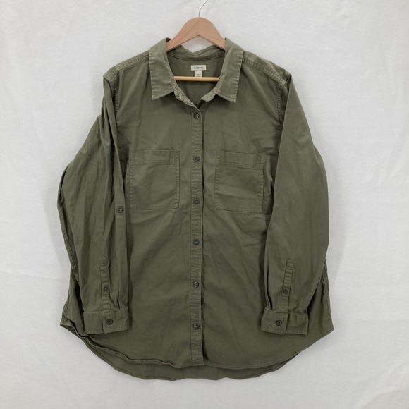 LL Bean Shirt Womens 2X Plus Olive Green Button Down Utility Long Sleeve Safari - Picture 1 of 13